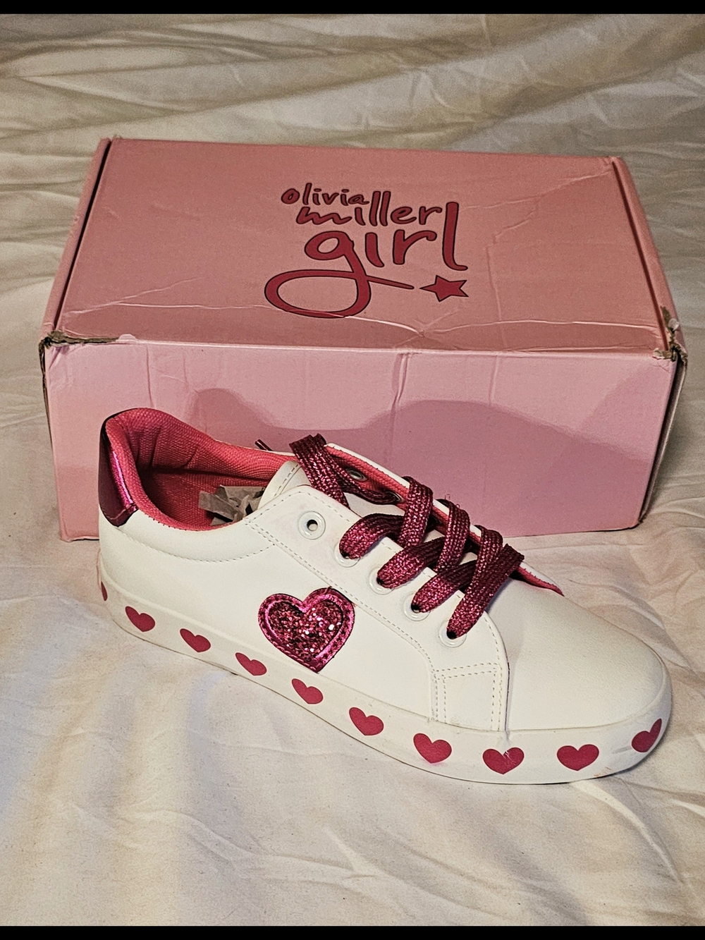 Olivia Miller Girls White Sneakers with Pink Heart Accents